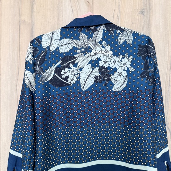Zara Womens Mixed Print Blouse Size M Blue Floral Polka Dot Button Up Shirt Boho - Picture 8 of 8